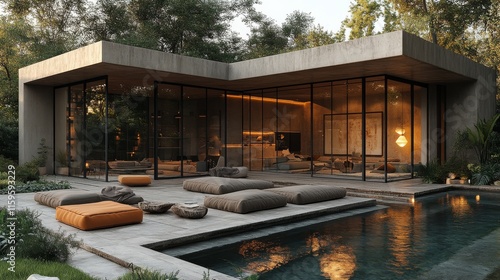 Modern luxury villa nestled in lush greenery amid misty mountains around sunset