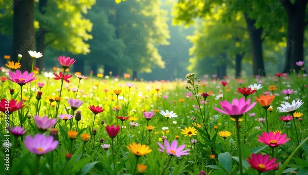 Blooming wildflowers in a lush meadow amidst tall trees, summer, greenery Blooming wildflowers in a lush meadow amidst tall trees, summer, greenery