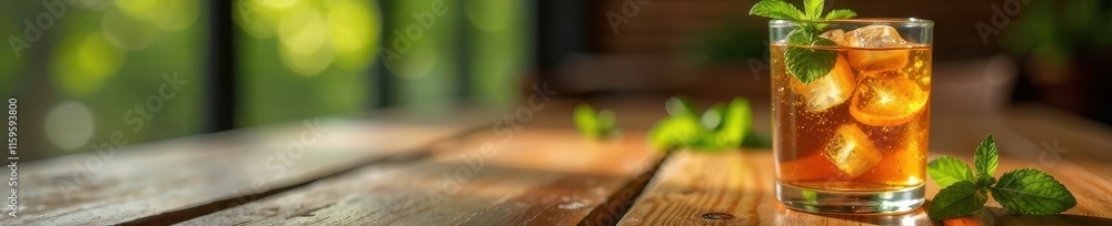 Glass of iced tea on wooden table with fresh mint leaves and ice cubes, beverage, iced tea, wood Glass of iced tea on wooden table with fresh mint leaves and ice cubes, beverage, iced tea, wood