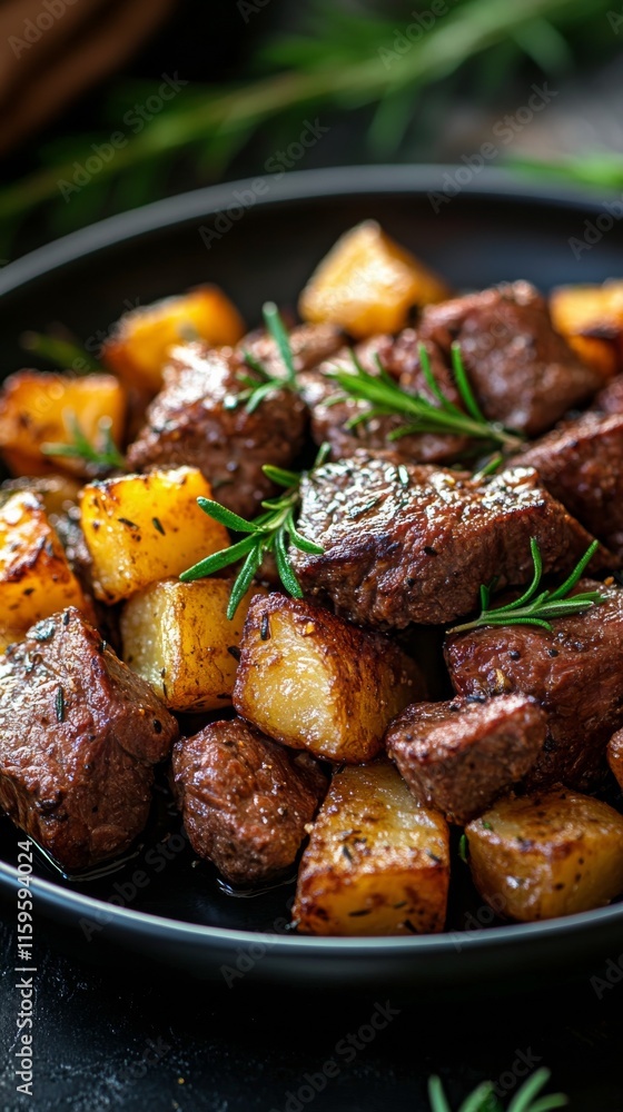 Savory roasted beef and potatoes with fresh herbs on a black plate for a hearty meal Savory roasted beef and potatoes with fresh herbs on a black plate for a hearty meal