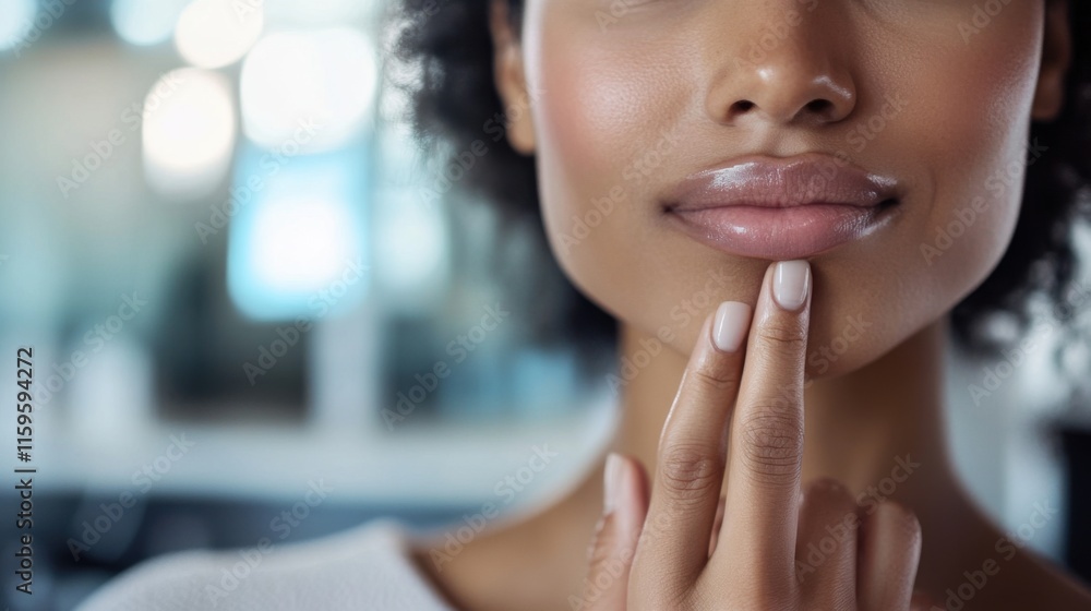 Closeup Womans Face, Skin, Lips, Chin, Touching, Beauty, Care, Smooth Closeup Womans Face, Skin, Lips, Chin, Touching, Beauty, Care, Smooth