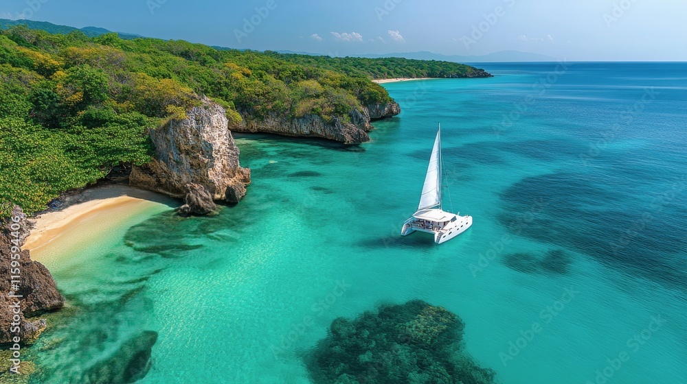 Εκτύπωση καμβά Stunning sailboat navigating turquoise waters near a tropical island with lush g