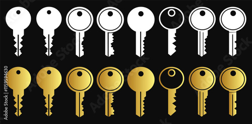 Sleek Gold and White Key Icon Set on Black Background