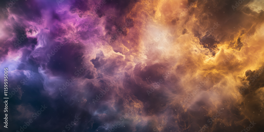 Obraz premium A dark nebula cloud with purple, yellow, and orange colors in the background.