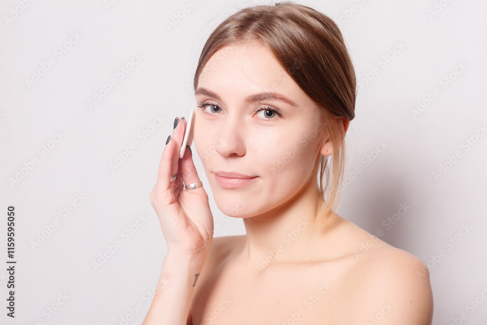 Happy smiling beautiful young woman cleaning skin by cotton pad. Happy smiling beautiful young woman cleaning skin by cotton pad.