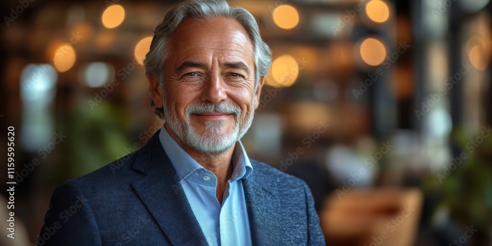 A cheerful businessman wearing a suit standing in an office setting with blurred lights in the background. A professional and approachable representation of corporate success and confidence A cheerful businessman wearing a suit standing in an office setting with blurred lights in the background. A professional and approachable representation of corporate success and confidence