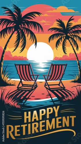 Happy retirement celebration with a serene beach sunset scene