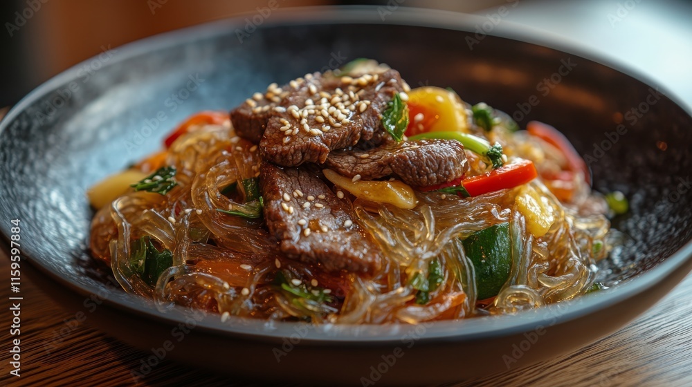 Delicious stir-fried glass noodles with beef and colorful vegetables in a dark bowl Delicious stir-fried glass noodles with beef and colorful vegetables in a dark bowl