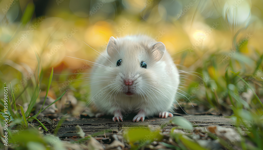 Fototapeta premium Cute little rat on wooden surface near green grass outdoors