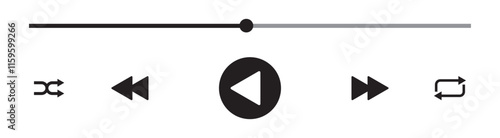 Music or video play bar icon on white background. Audio player for songs or podcast playlist. Loading bar with time slider, pause, rewind and fast forward buttons.  