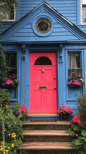 Brightly colored doors enhance a charming urban landscape with vibrant flowers nearby