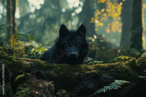 Black wolf in dense forest mysterious and powerful photo