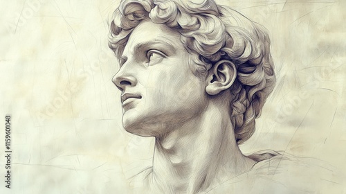 Minimalist Sketch of Classical Roman Sculpture, Featuring Simplified Lines, Head and Shoulders, Monochromatic Design with Unembellished Background