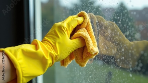 A hand in a yellow glove uses a cloth to clean a glass surface. Concept of window cleaning.
 photo