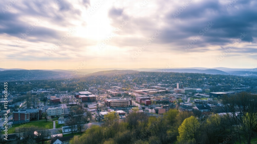 Golden Hour Cityscape: Aerial view of a town bathed in the warm glow of sunset, showcasing its architecture, lush greenery, and rolling hills in a picturesque landscape. Golden Hour Cityscape: Aerial view of a town bathed in the warm glow of sunset, showcasing its architecture, lush greenery, and rolling hills in a picturesque landscape.