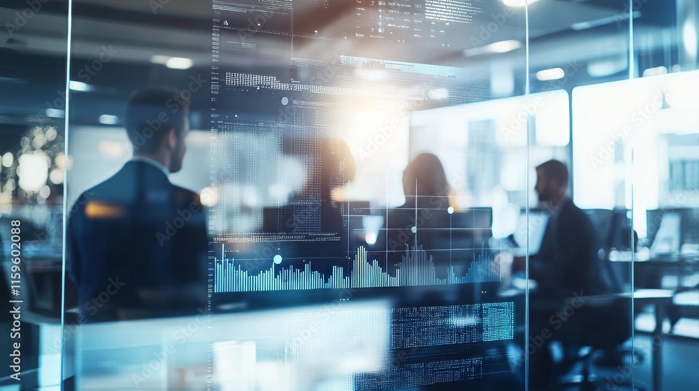 Business team in a sleek office space. Featuring interactive tech and digital boards Business team in a sleek office space. Featuring interactive tech and digital boards