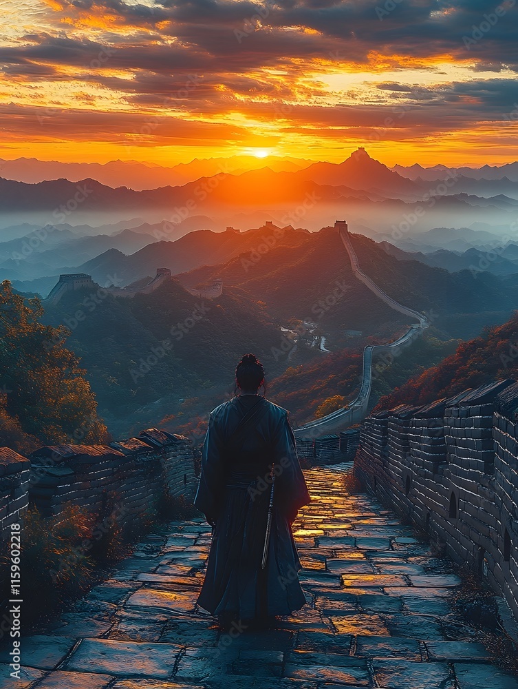 Fototapeta premium Solitary Warrior Gazing at the Majestic Great Wall at Sunset