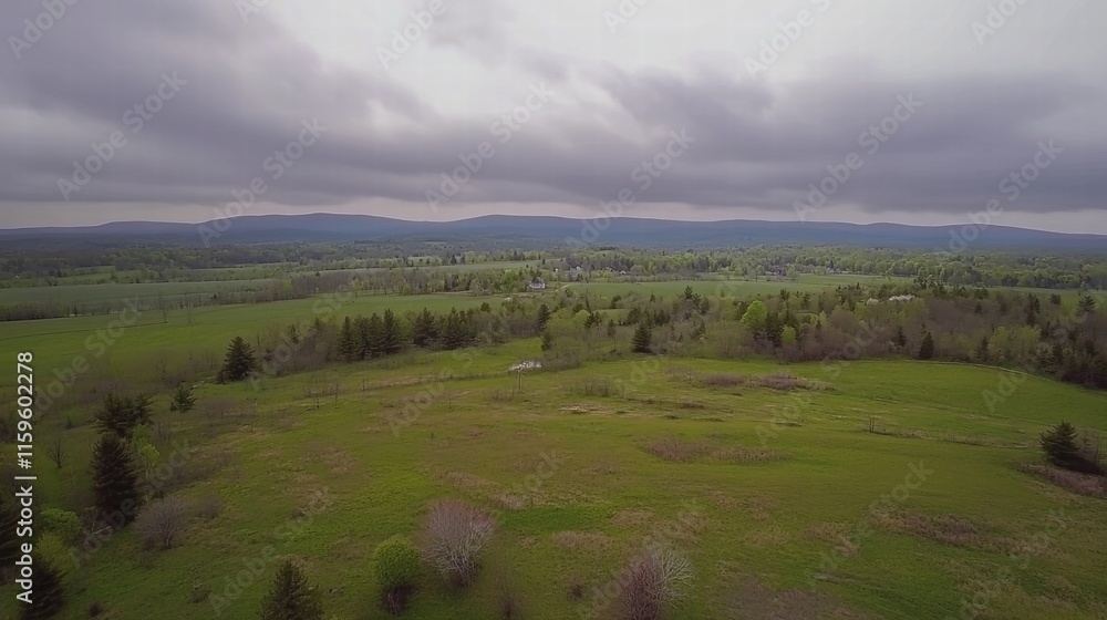 Serene Meadow Landscape: An aerial view captures the tranquil beauty of a vast green meadow, nestled amidst a backdrop of rolling hills and a dramatic, cloudy sky. Serene Meadow Landscape: An aerial view captures the tranquil beauty of a vast green meadow, nestled amidst a backdrop of rolling hills and a dramatic, cloudy sky.