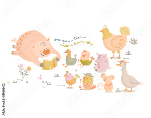 Pig telling a story to his farm friends. Once upon a time...