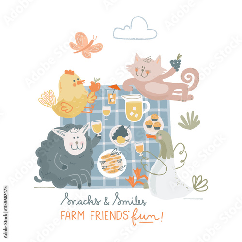 Farm animal friends sharing a picnic