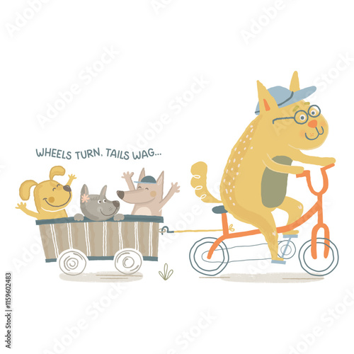 Puppies riding on a towed cart pulled by a dog on a bike