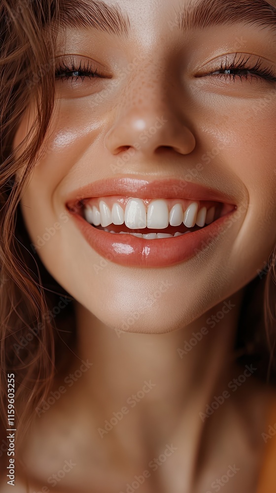 Obraz premium Radiant woman with natural curly hair smiling brightly, showcasing joyful energy. Glossy lips and warm complexion create a vibrant, uplifting, and engaging portrait.