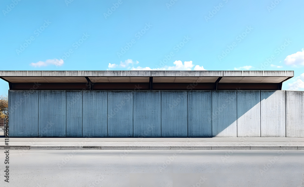 Prefab concrete surrounding wall with large industrial metal shelter and sky on behind and road in front. Background for copy space. Prefab concrete surrounding wall with large industrial metal shelter and sky on behind and road in front. Background for copy space.