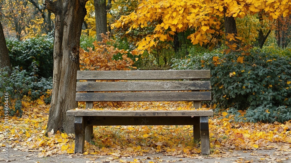 A rustic wooden bench in a quiet park, surrounded by autumn foliage. A rustic wooden bench in a quiet park, surrounded by autumn foliage.