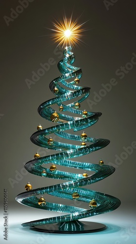 Modern artistic Christmas tree with spiral glass design, golden ornaments, and glowing star topper, combining minimalism, sophistication, and holiday elegance in festive decor.

 photo