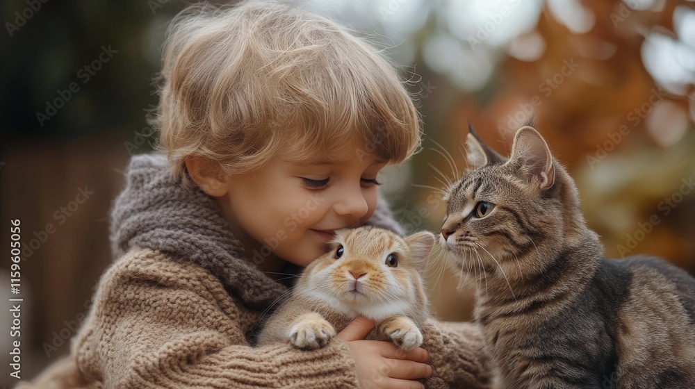 Child interacts with rabbits and a cat in a colorful autumn park filled with fallen leaves Child interacts with rabbits and a cat in a colorful autumn park filled with fallen leaves