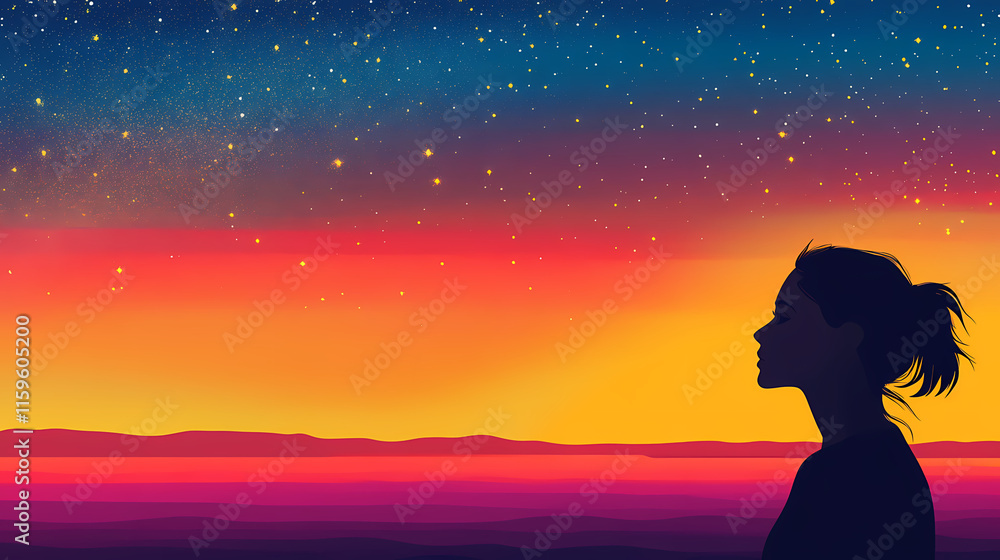 Silhouette of a woman looking at a colorful, starry sky during sunset, capturing a moment of reflection and wonder in nature. Twilighted. Illustration Silhouette of a woman looking at a colorful, starry sky during sunset, capturing a moment of reflection and wonder in nature. Twilighted. Illustration