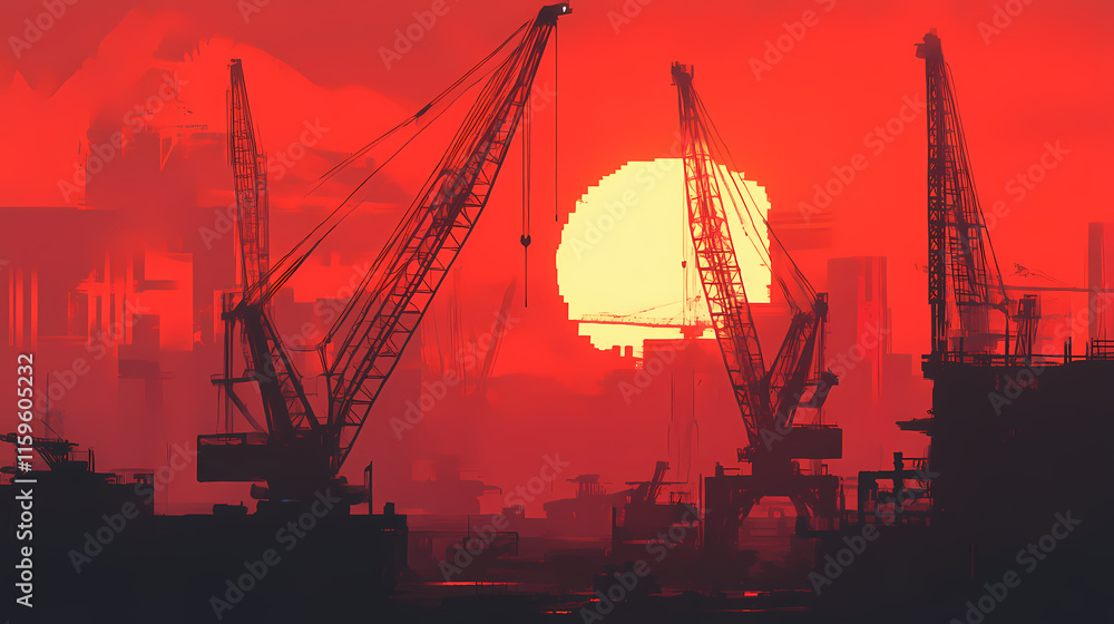 Silhouette of industrial cranes against a vibrant sunset sky, casting long shadows over a bustling construction site. Twilighted. Illustration Silhouette of industrial cranes against a vibrant sunset sky, casting long shadows over a bustling construction site. Twilighted. Illustration