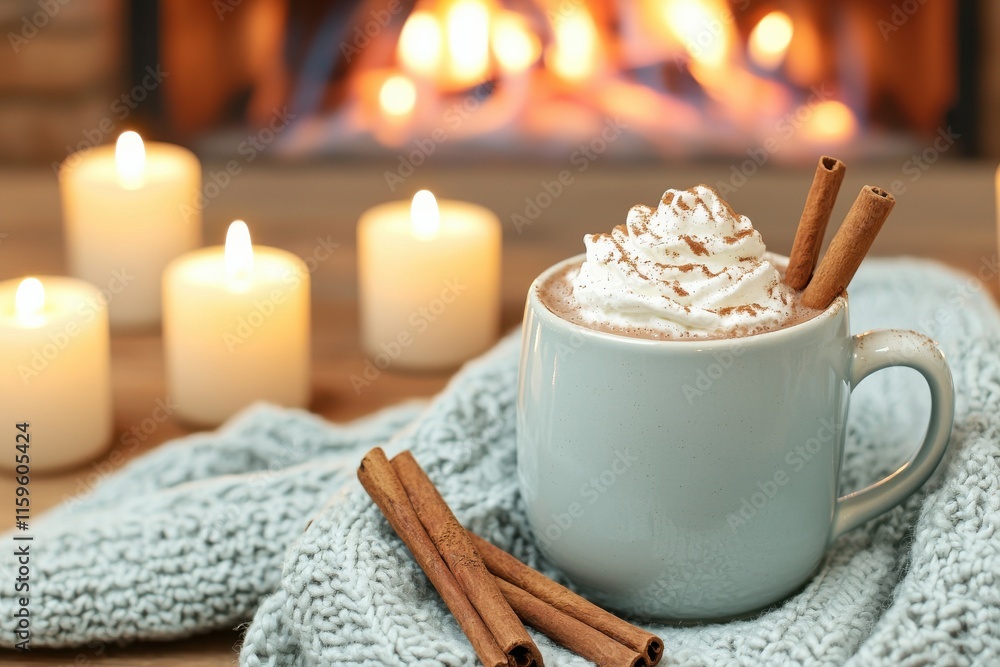 Cozy Christmas Scene by the Fireplace Featuring Hot Chocolate, Cinnamon Sticks, Whipped Cream, and Soft Knit Blanket with Flickering Candles for a Warm Atmosphere Cozy Christmas Scene by the Fireplace Featuring Hot Chocolate, Cinnamon Sticks, Whipped Cream, and Soft Knit Blanket with Flickering Candles for a Warm Atmosphere