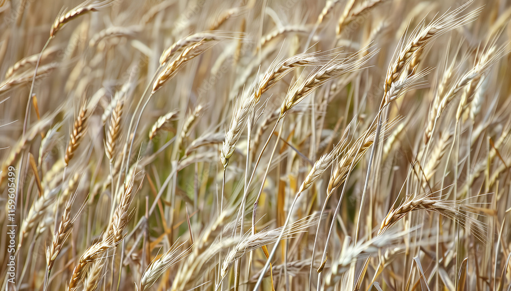 Fototapeta premium Ripe wheat spikes in agricultural field on sunny day, closeup