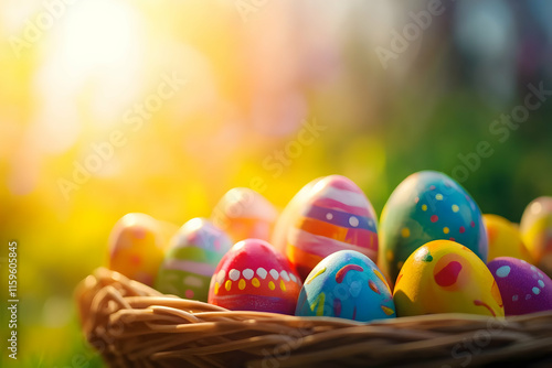 A wicker basket brimming with vibrant, decorated Easter eggs sits in the warm sunlight of spring