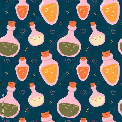 Love potion seamless pattern. Potion bottles in a flat style