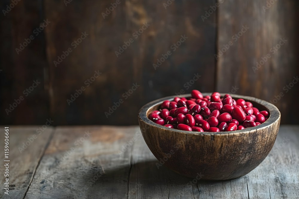 A rustic wooden bowl filled with red kidney beans on a natural wooden surface A rustic wooden bowl filled with red kidney beans on a natural wooden surface