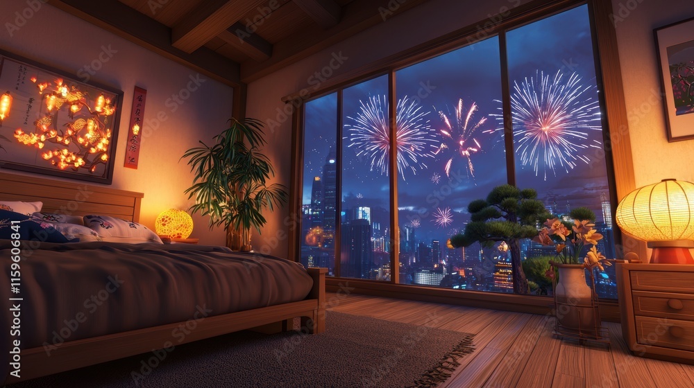 Fototapeta premium Celebrating chinese new year cozy bedroom decorated with festive lights and fireworks view in a modern apartment