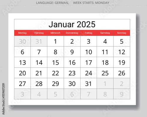 German calendar for January 2025. Vector illustration paper page of a winter month for Germany