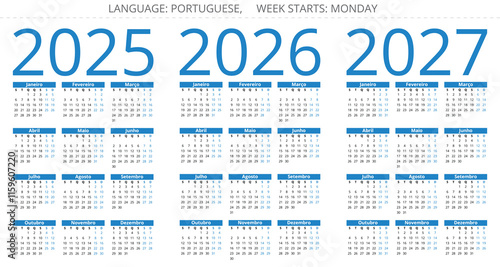 2025, 2026, 2027 years annual portuguese calendars. Vector illustration for Portugal