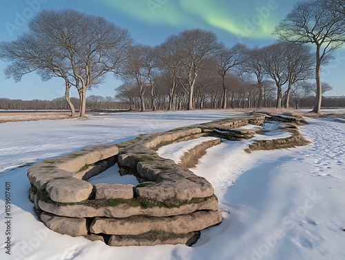 Stone Structure Winter Landscape Northern Lights Trees photo