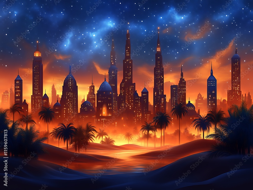 Naklejka premium Desert Metropolis Sunset Cityscape Under Starry Night