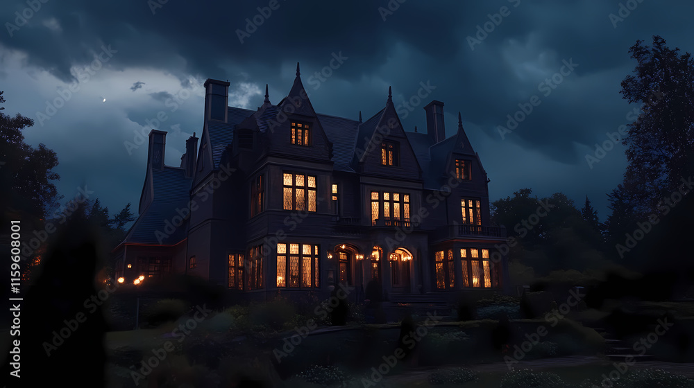 Gothic mansion at dusk under stormy skies, lit windows suggest mystery or elegance, ideal for spooky themes. Twilighted. Illustration Gothic mansion at dusk under stormy skies, lit windows suggest mystery or elegance, ideal for spooky themes. Twilighted. Illustration