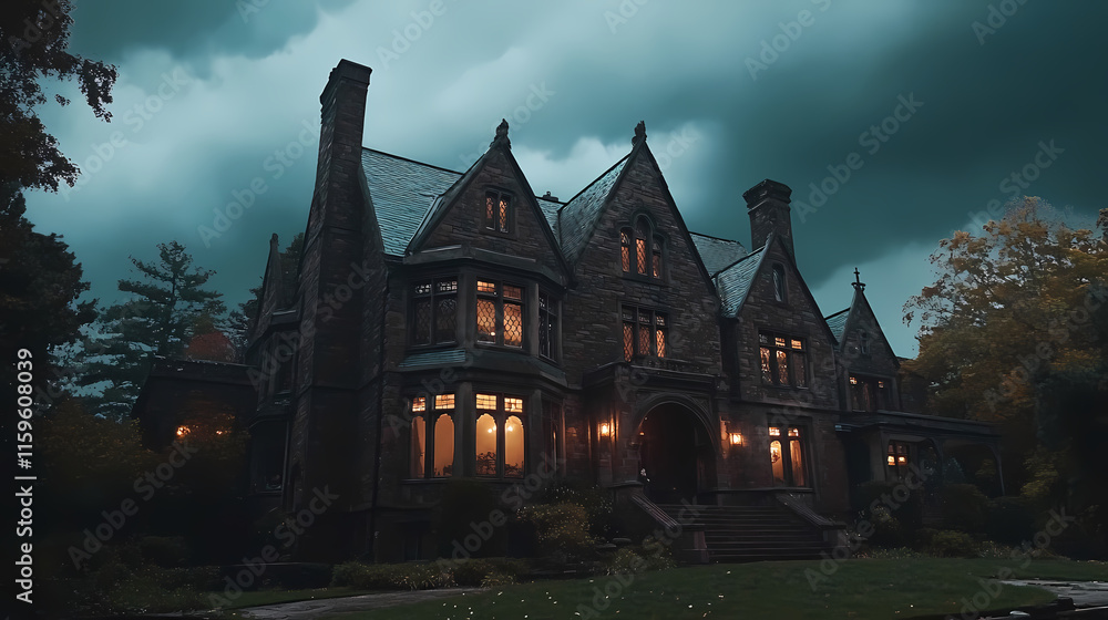 Gothic mansion at dusk under stormy skies, lit windows suggest mystery or elegance, ideal for spooky themes. Twilighted. Illustration Gothic mansion at dusk under stormy skies, lit windows suggest mystery or elegance, ideal for spooky themes. Twilighted. Illustration