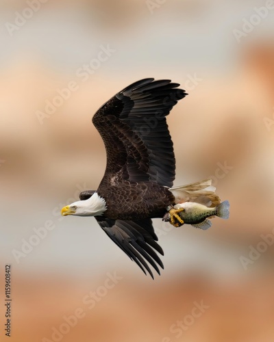 Close-up portrait of a bald eagle in flight with a fish in its talons. Its dark brown and white feathers contrast against the clear sky. 