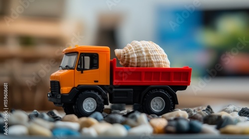 Toy dump truck carrying a large seashell on a pebble surface. photo