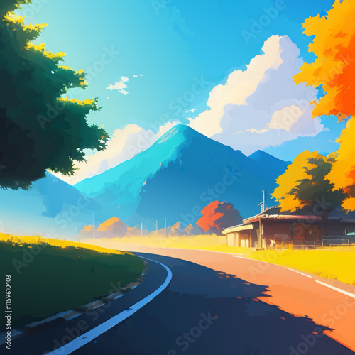 sunny landscape with road vector illustration