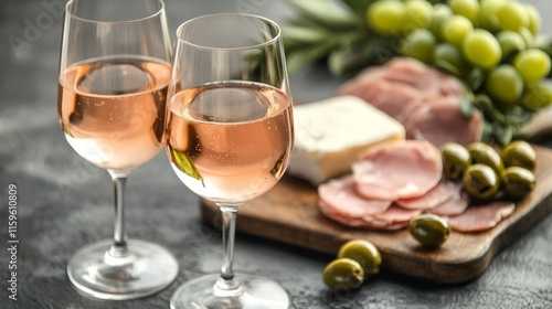 Two glasses of rose wine with charcuterie board.