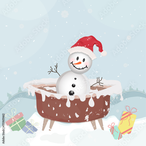 Winter scene.Funny snowman in the  bathtube.Vector deign.Winter Cute vector illustration in flat style with snowman and gifts.