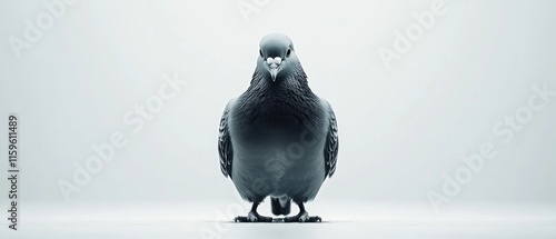 Front view of a single gray pigeon on a white background. photo